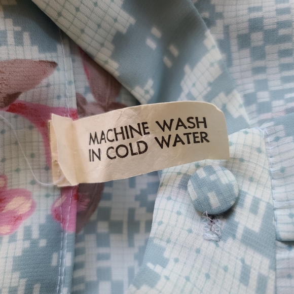 Vintage 1970s Semi Sheer Long Sleeve Blue Pink Floral Print Secretary Dress 12 - Picture 10 of 10